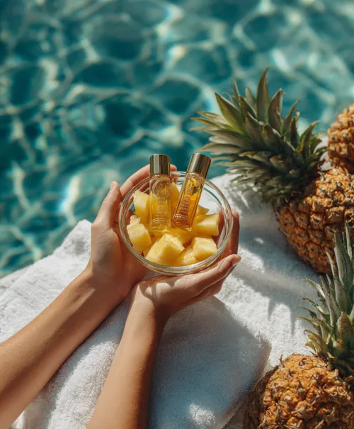 Dos botellas de aceite y trozos de piña en un bol sobre un fondo de agua