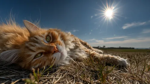 Un gato de color anaranjado yace en la hierba en un brillante día soleado