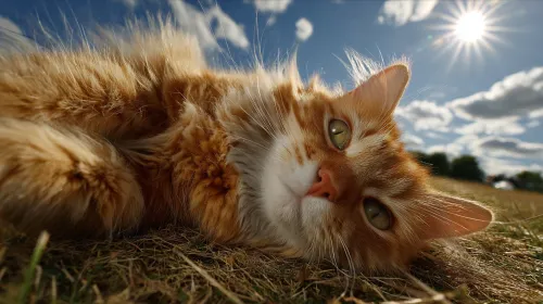 Purring kitten lying on the grass, gazing at the sunny sky