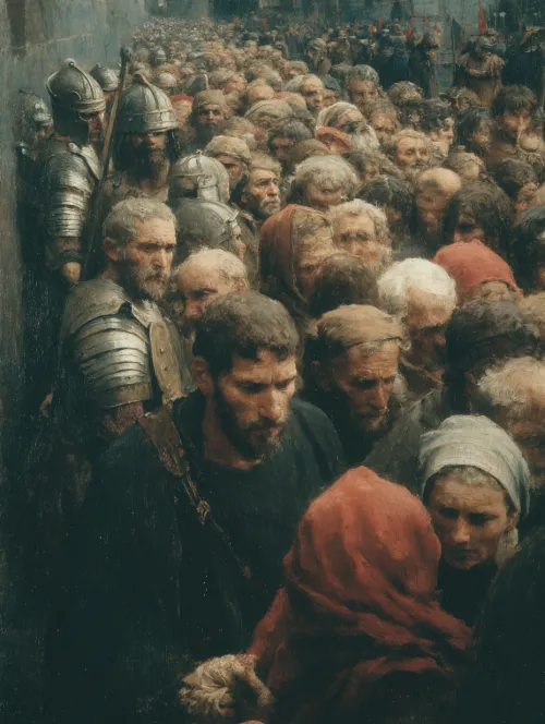Imagen de un grupo de personas y guerreros en un contexto histórico