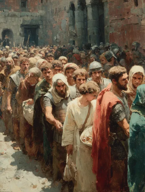 Escena de la antigua Roma con una multitud de personas esperando la distribución de comida