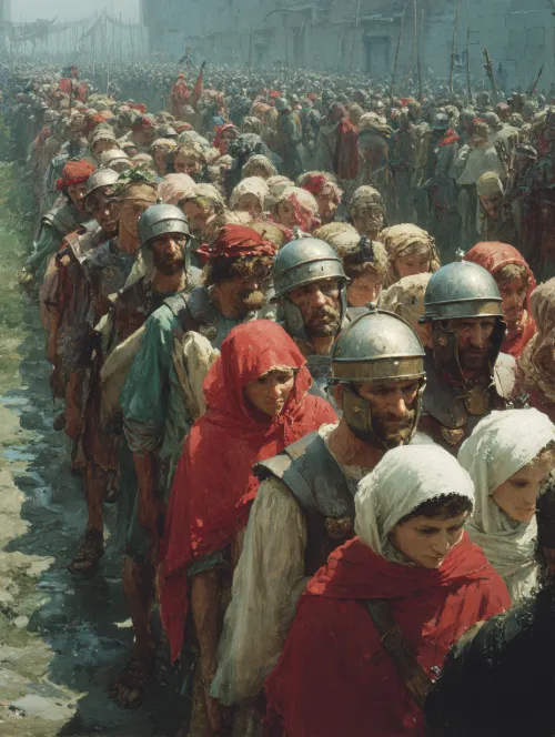 Escena que representa a soldados romanos y prisioneros capturados en un contexto histórico