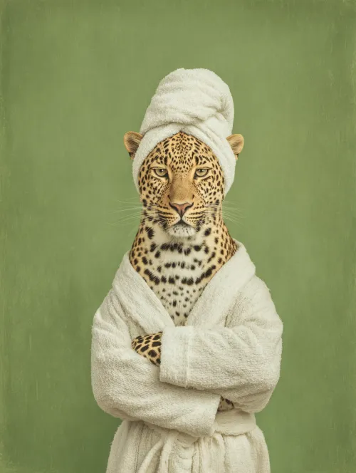 León en bata y toalla frente a una pared verde claro