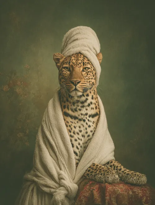 Leopard in a white bathrobe and towel on its head against a dark wall