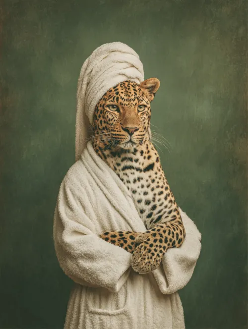 Portrait of a jaguar in a white bathrobe and towel on its head