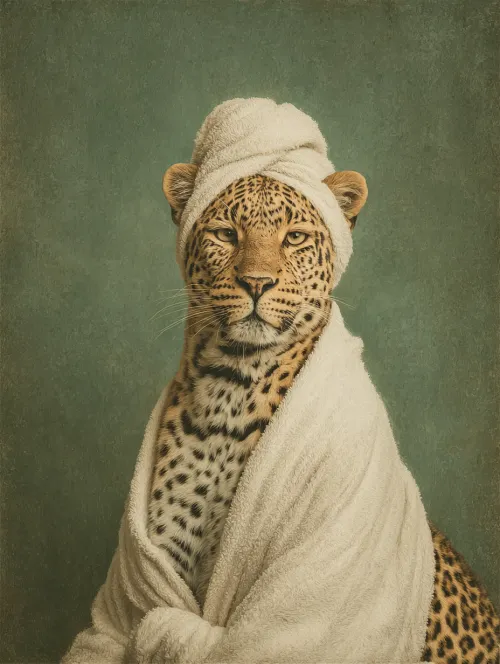 Lion in a White Bathrobe and Towel, Shot Against a Textured Wall