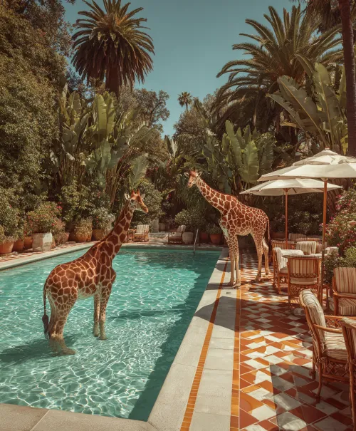 Two giraffes among greenery by the pool in an exotic garden