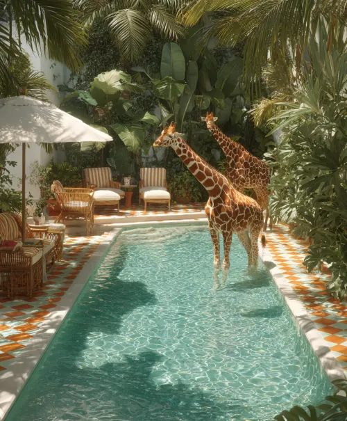 Two giraffes in a tropical oasis next to a pool