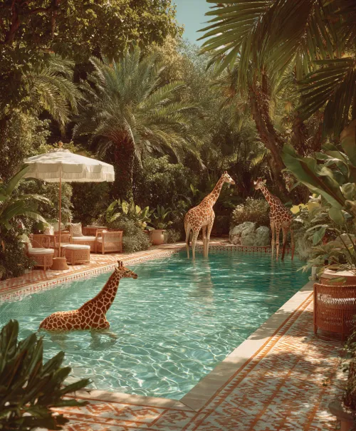 Giraffes relax by the pool in a lush green garden