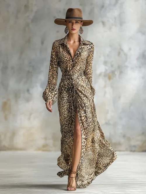 Elegant woman in a leopard print dress and stylish hat posing against a neutral wall