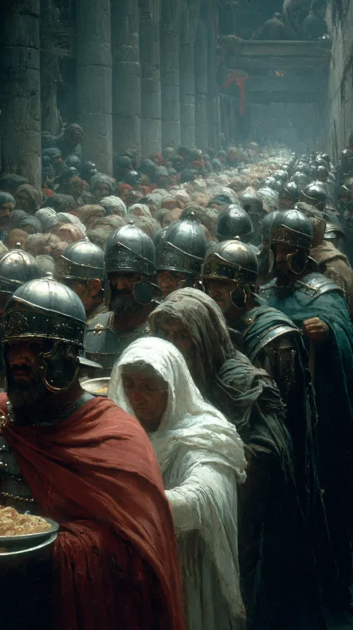 Personas y soldados en una escena histórica entre columnas