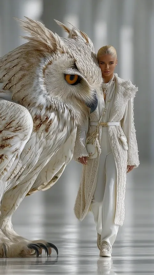 Woman in a white dress next to a massive owl against a bright background