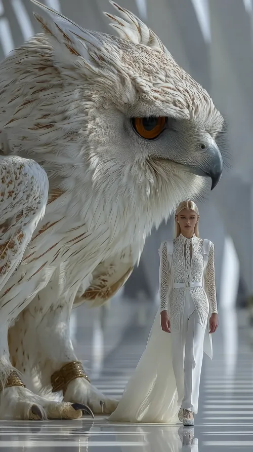 Mujer vestida de blanco junto a una lechuza gigante