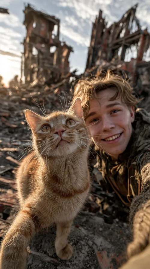 Joven se toma un selfie con un gato naranja entre los escombros de edificios