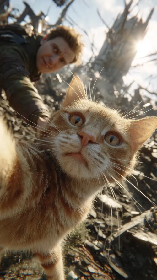 Portrait of a ginger cat against a backdrop of burned trees and a devastated landscape