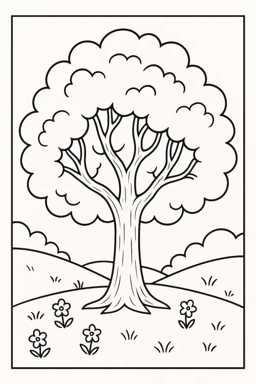 Imagen de contorno de un árbol y flores en un prado