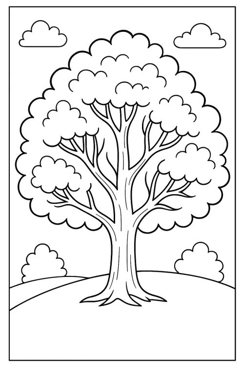 Black and white coloring page with a tree and clouds in the background