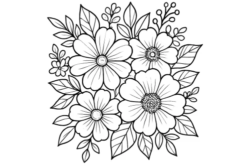 Black and white illustration of flowers and leaves for coloring