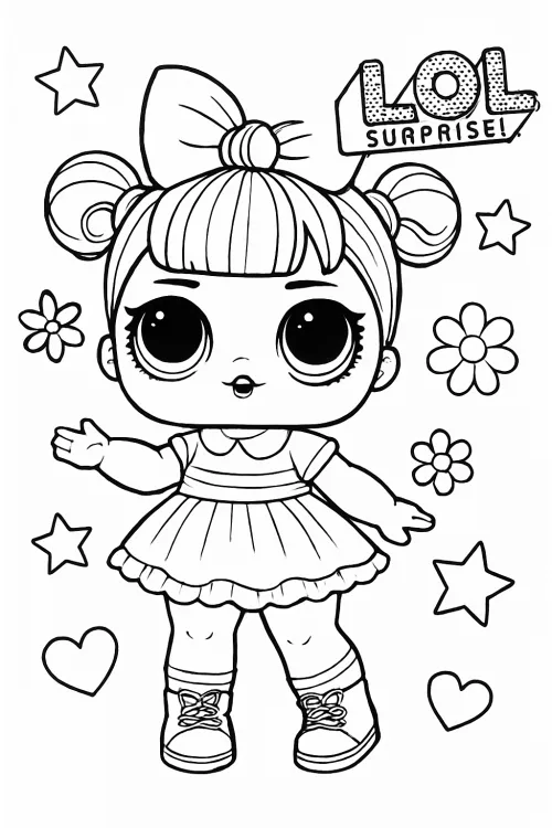LOL Surprise character in a coloring style with flowers and stars