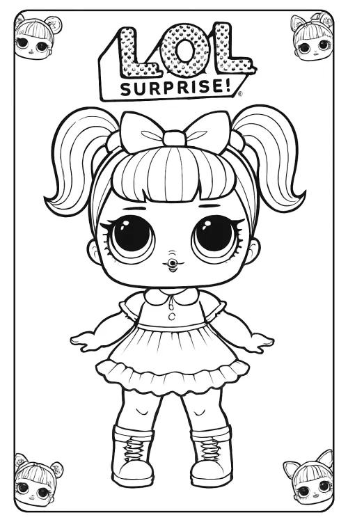 Black and white coloring page featuring a LOL Surprise doll and her accessories