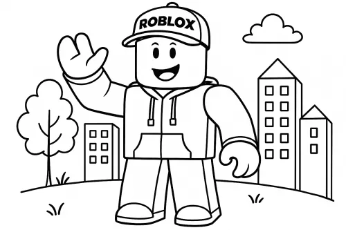 Roblox game character waving against a backdrop of buildings and clouds