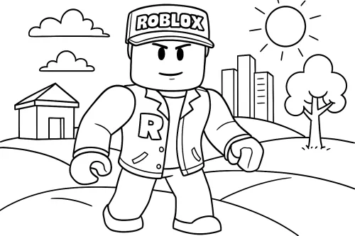 Outline drawing of a Roblox character with a house and tree against a city backdrop