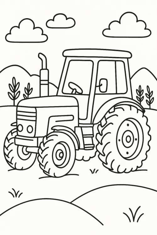 Outlines of a tractor and natural elements for children's creativity