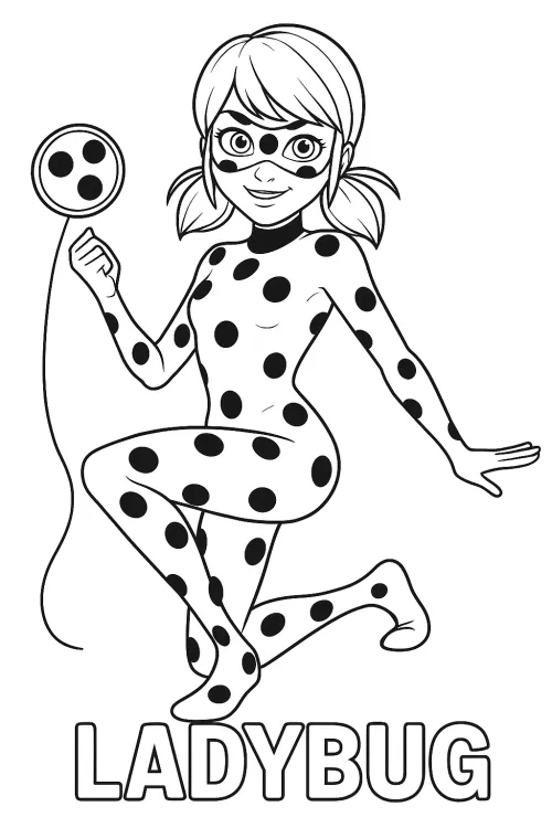 Girl in a costume with black dots holding a toy