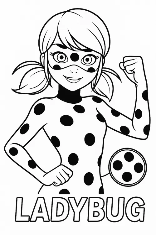 Coloring page of the character Ladybug with big eyes and a cheerful hairstyle