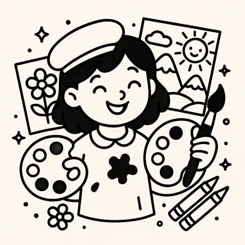 Girl artist with a brush and colored pencils against a backdrop of drawings