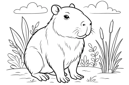 Black and white outline drawing of a guinea pig surrounded by grass and plants