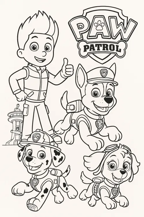 Image of a coloring page with puppies and Ryder from Paw Patrol