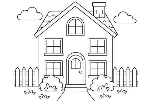 Black and white drawing of a house with clouds and a fence
