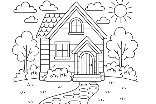 Colorable drawing of a house among trees and clouds with the sun