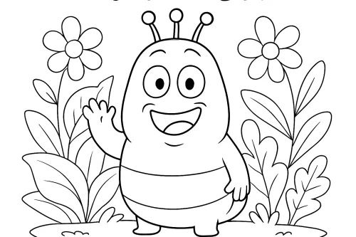 A Funny Insect Character Among Large Flowers, Ready for Coloring
