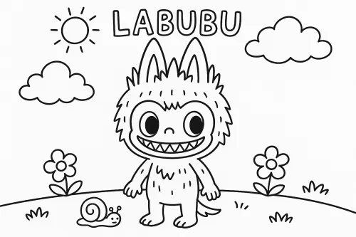 Character Labubu with big eyes and sharp teeth against the backdrop of nature