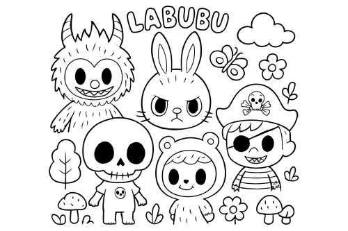 Five Funny Characters and Nature Elements for Coloring