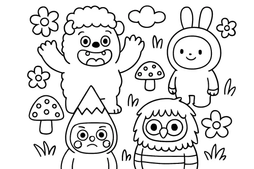 Four cheerful characters against a natural backdrop for coloring