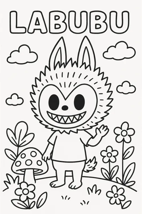 Character Labubu with big ears and a smile amidst flowers and mushrooms