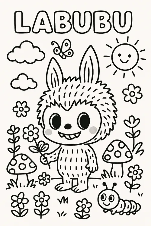 Illustration of character Labubu with clouds and flowers
