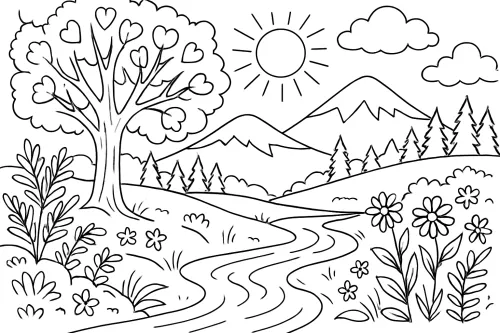 Black and white coloring page featuring a natural landscape with trees and mountains