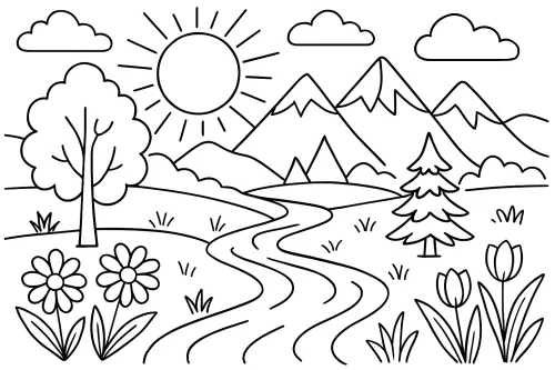 Line drawing of nature featuring mountains, a river, and flowers