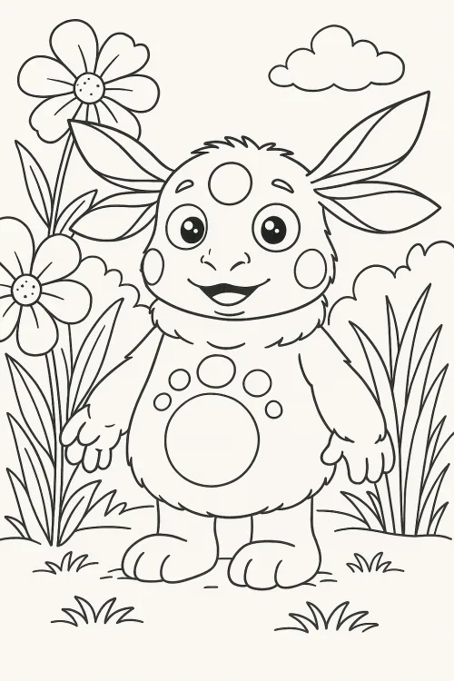 Cartoon character with big ears and a graceful pose against nature
