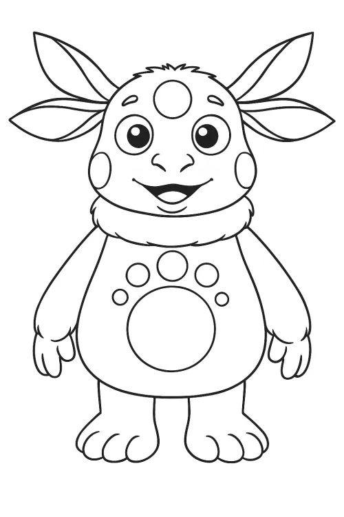 Black and white outline drawing of a funny character with ears and circles