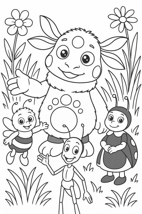 Coloring picture with characters from the insect world.