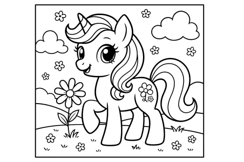Coloring page with a cute unicorn and flowers in the meadow