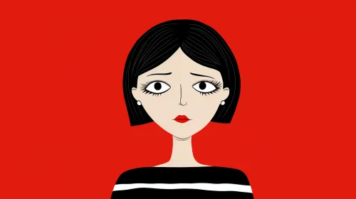 Stylized image of a woman with short black hair on a red background