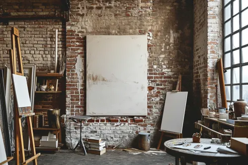 Interior de un taller artístico con lienzos sin usar y materiales