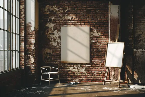 Interior with a brick wall, an empty canvas, and a chair