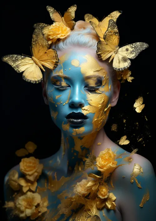 Female portrait adorned with butterflies and golden flowers